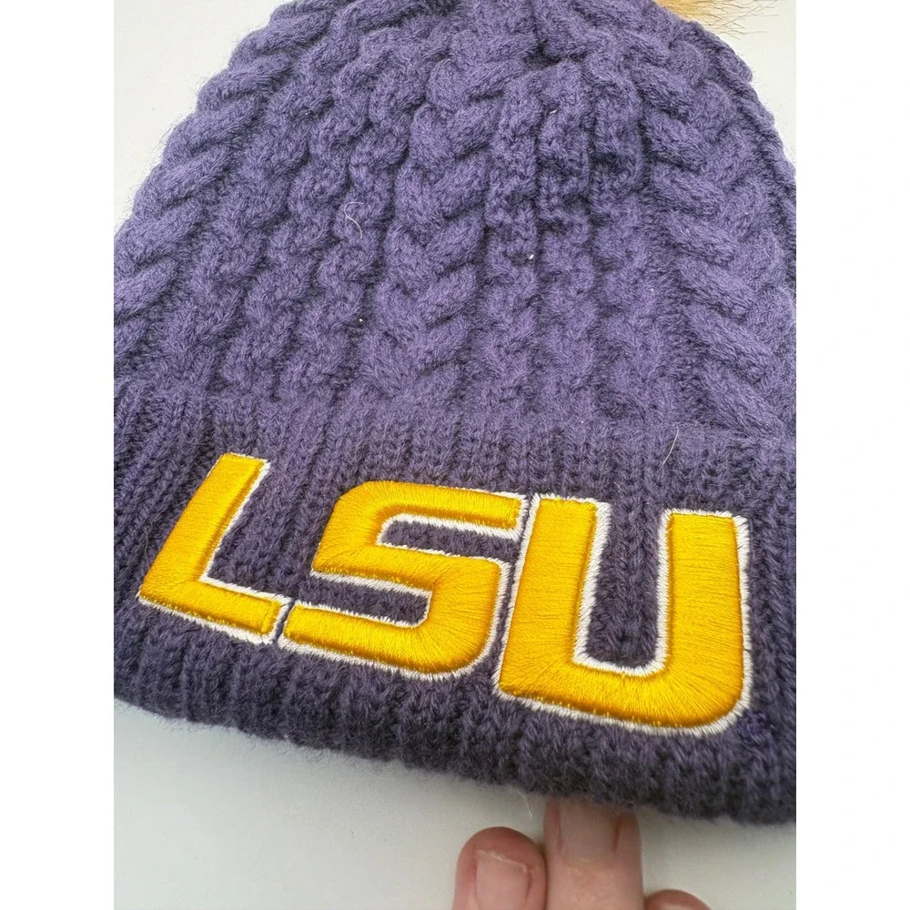 New Era LSU Tigers‎ Purple Cable Knit Beanie Faux Fur Pom Pom Winter Hat Womens
